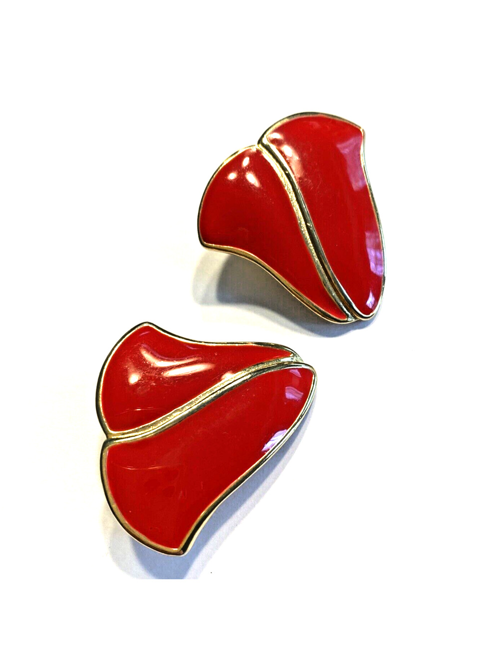Vintage Clip On Earrings 1980's Chunky Goldtone & Red Enamel Shapely Boss Lady